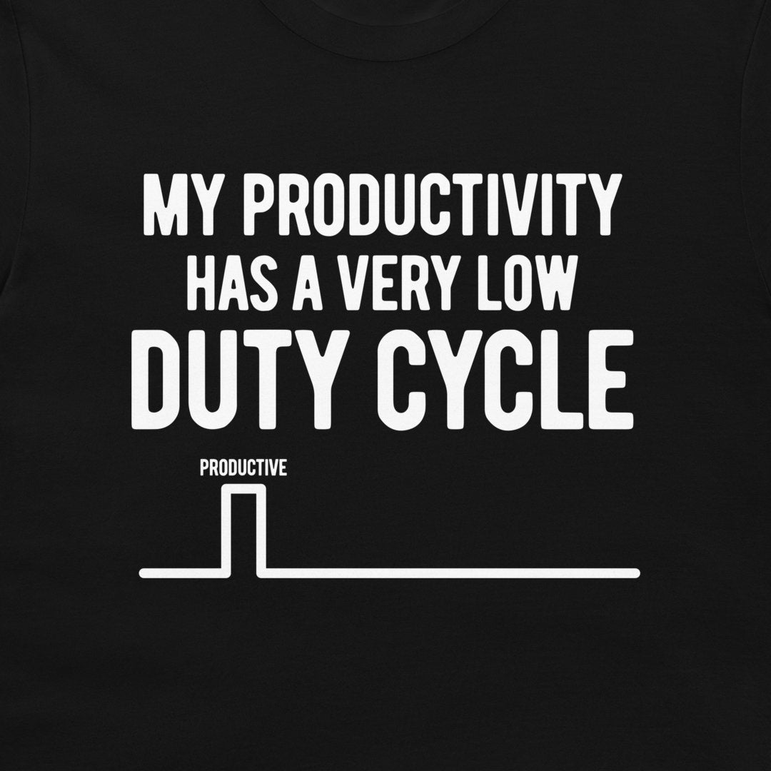 Close-up of the low duty cycle engineering design printed in white on a black T-shirt