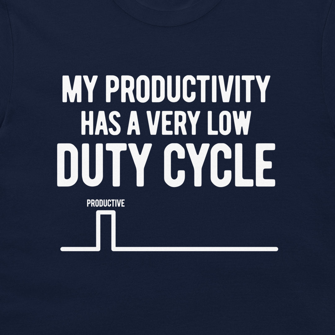 Close-up of the productivity duty cycle design printed on a navy T-shirt