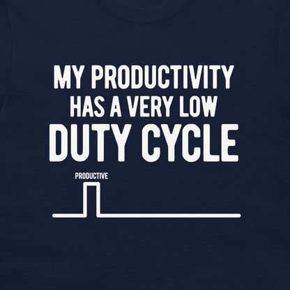 Close-up of the productivity duty cycle design printed on a navy T-shirt