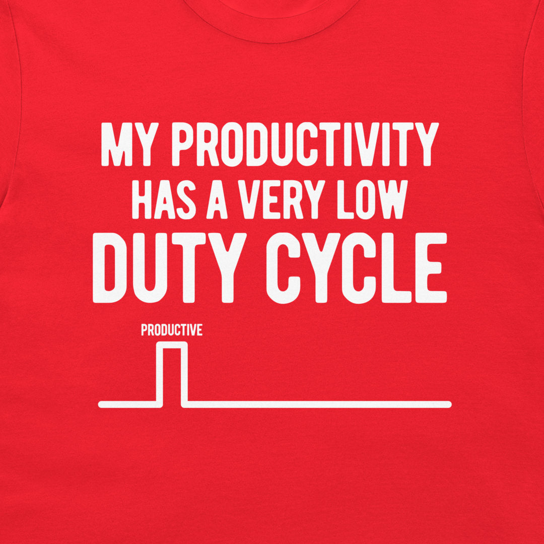 Close-up of the funny engineering productivity design printed on a red T-shirt