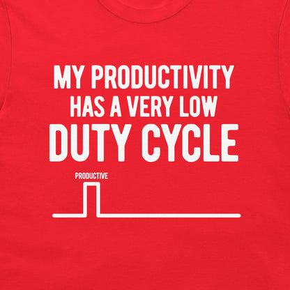 Close-up of the funny engineering productivity design printed on a red T-shirt