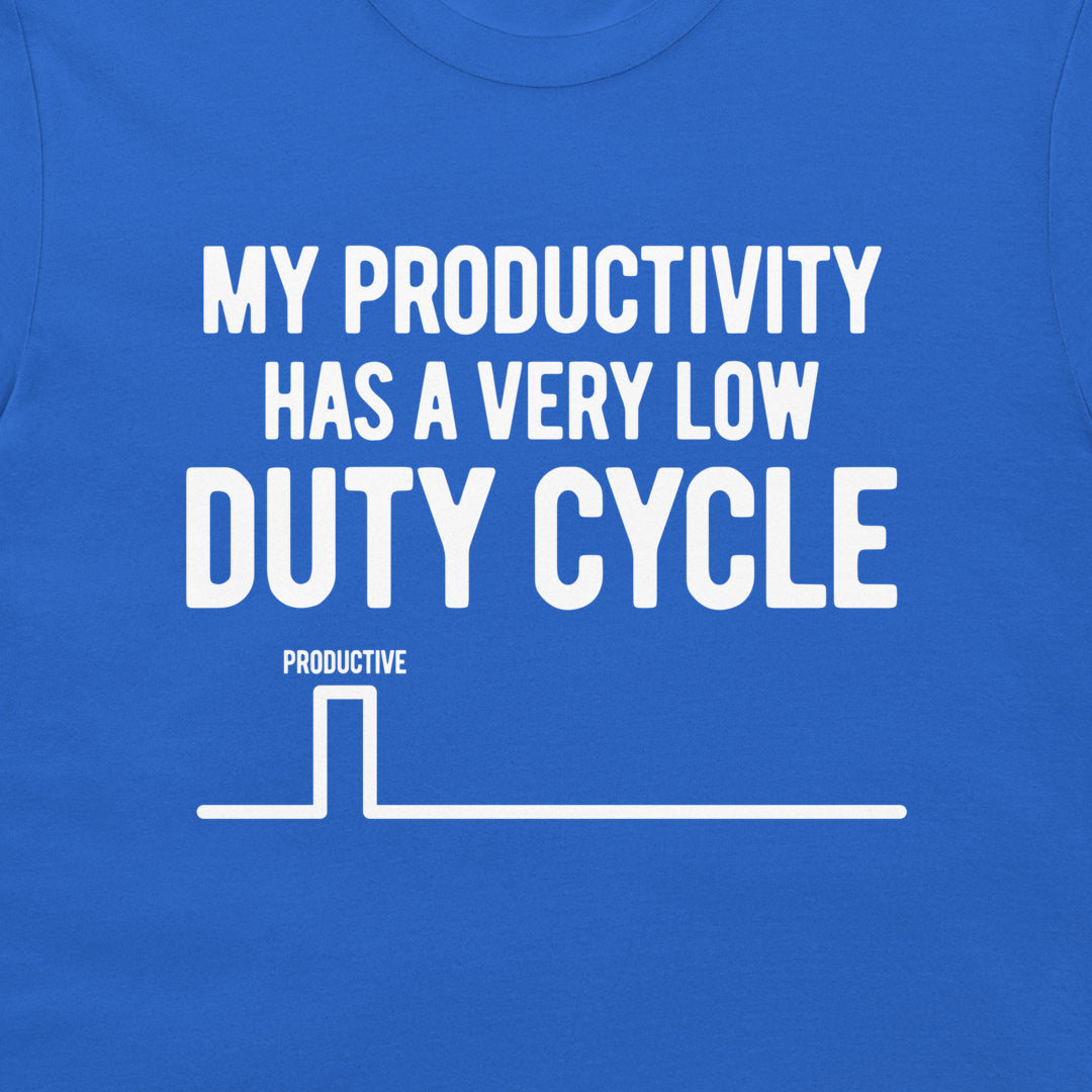Close-up of the low duty cycle engineering design on a royal blue T-shirt