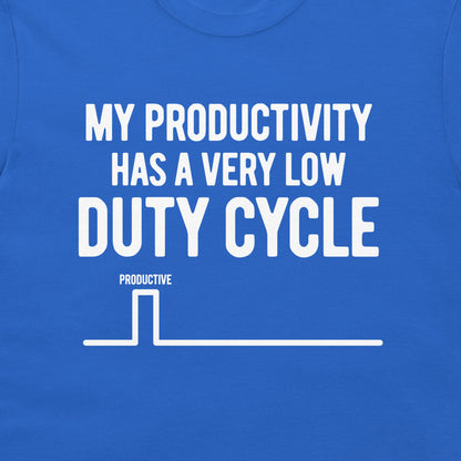 Close-up of the low duty cycle engineering design on a royal blue T-shirt