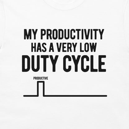 Close-up of the productivity duty cycle design printed in black on a white T-shirt