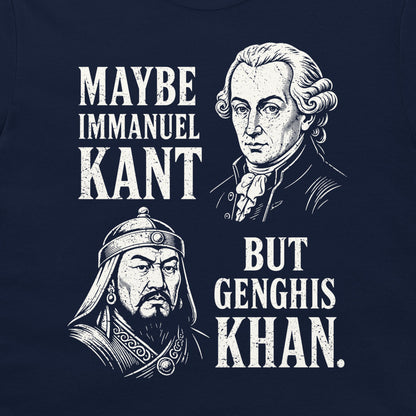 Immanuel Kant and Genghis Khan philosophy and history joke shirt design on navy