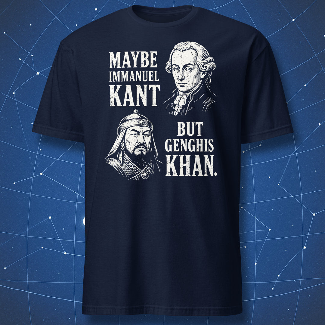 Immanuel Kant and Genghis Khan philosophy and history joke shirt design on navy