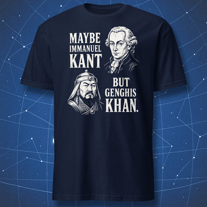 Immanuel Kant and Genghis Khan philosophy and history joke shirt design on navy