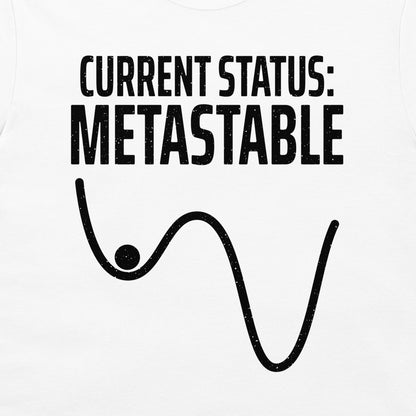 Close-up of the black Current Status Metastable physics design on a white T-shirt