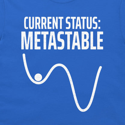 Close-up of the white metastable physics design on a royal blue T-shirt