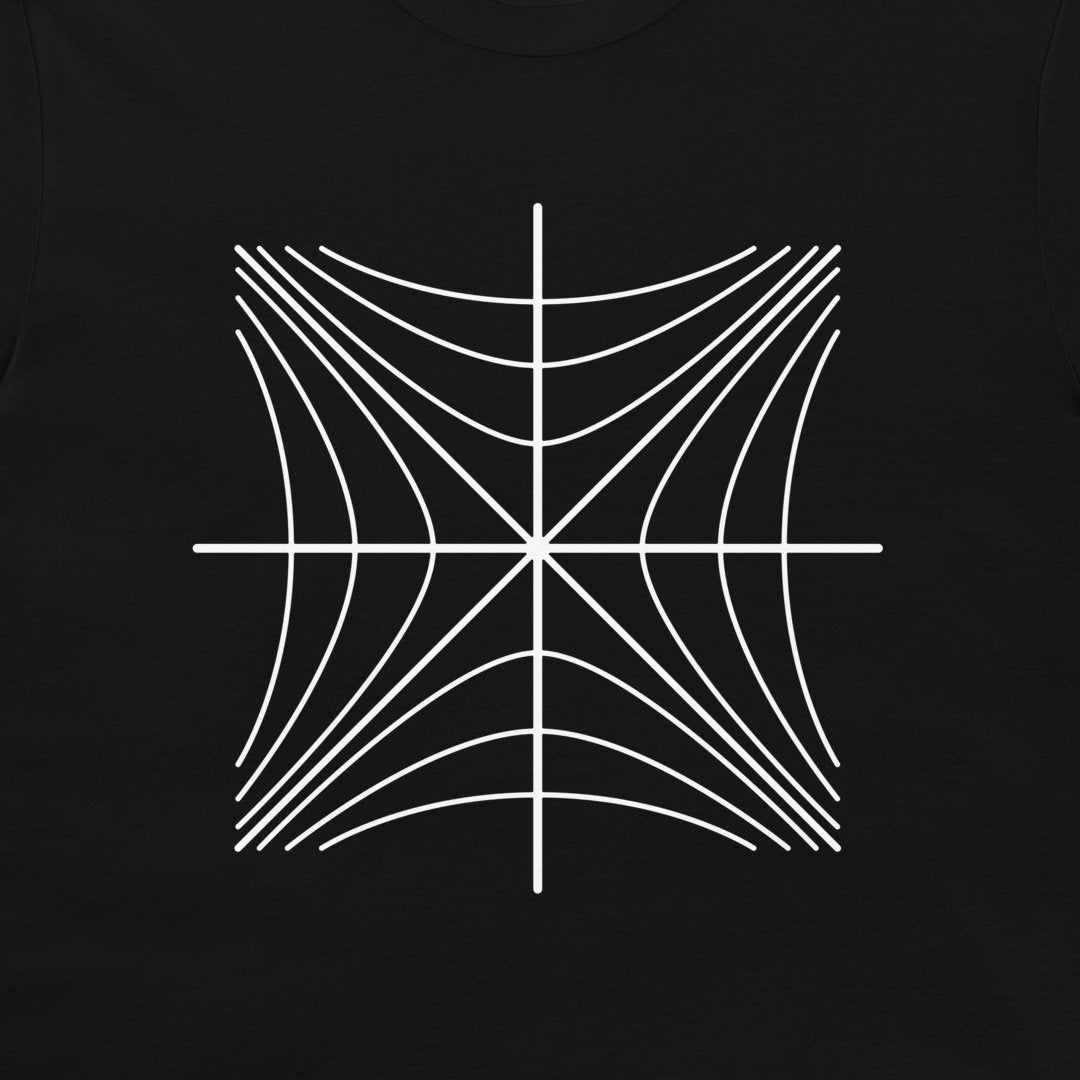 Close-up of a white Minkowski diagram with hyperbolic curves on a black T-shirt