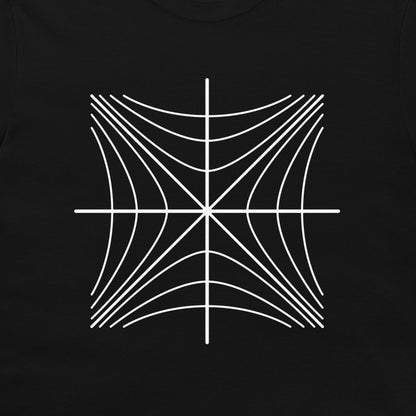 Close-up of a white Minkowski diagram with hyperbolic curves on a black T-shirt