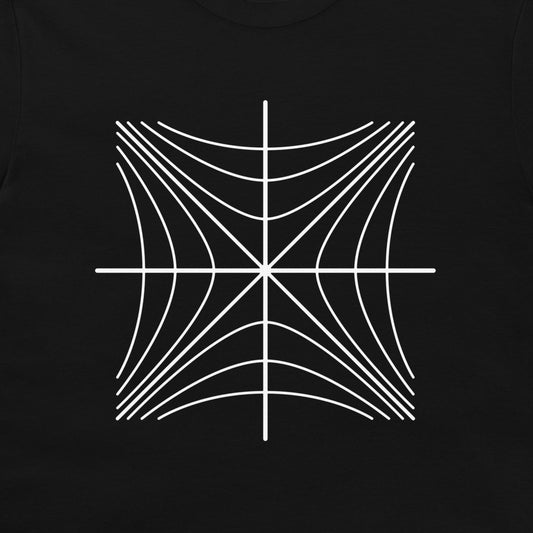 Close-up of a white Minkowski diagram with hyperbolic curves on a black T-shirt