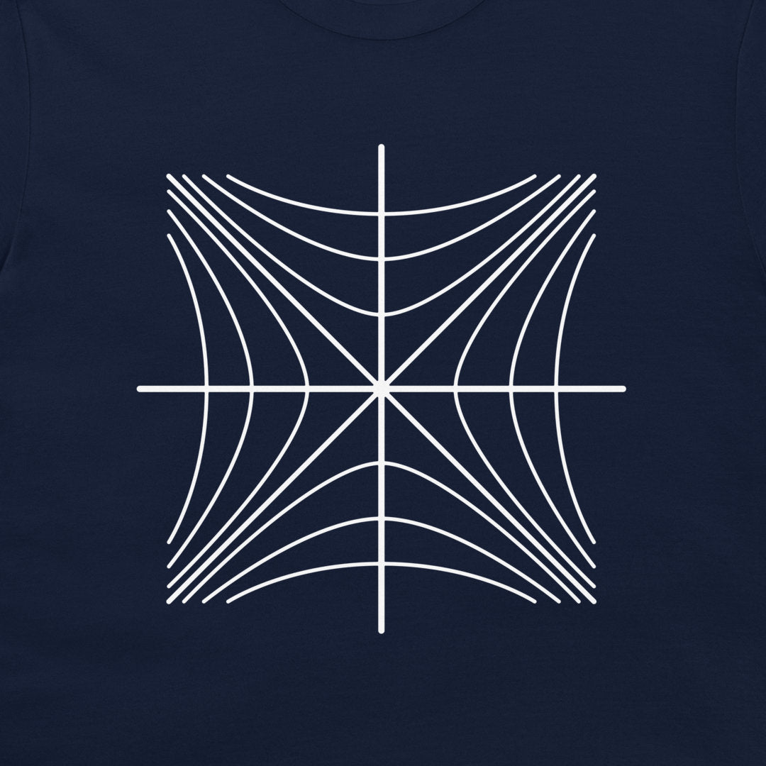 Close-up of a white Minkowski light-cone diagram on a navy T-shirt