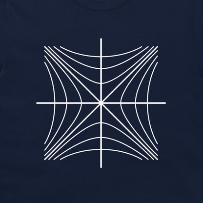 Close-up of a white Minkowski light-cone diagram on a navy T-shirt