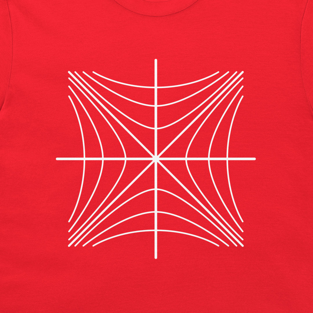 Close-up of a white Minkowski light-cone diagram on a red T-shirt