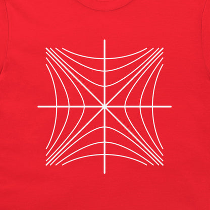 Close-up of a white Minkowski light-cone diagram on a red T-shirt