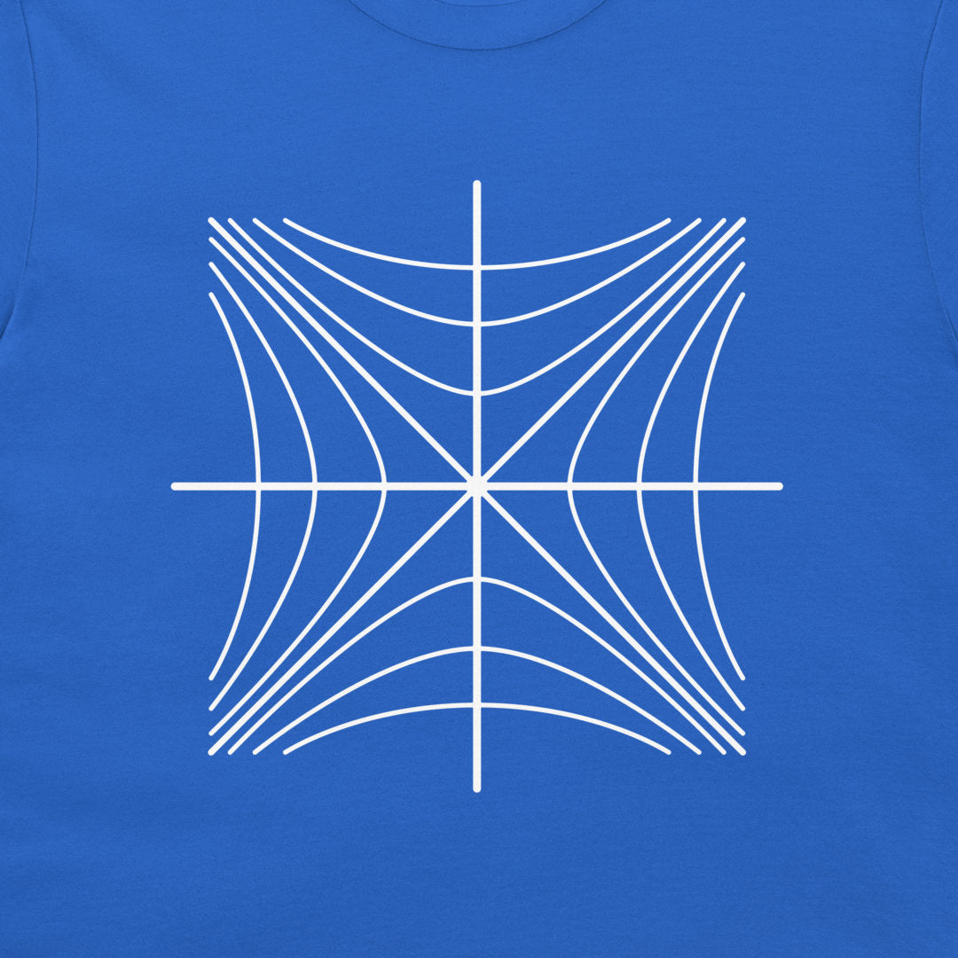 Close-up of the Minkowski spacetime diagram on a royal blue T-shirt