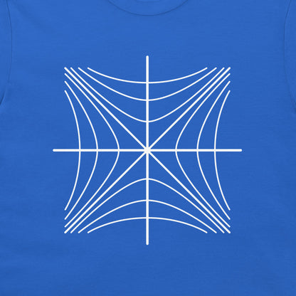 Close-up of the Minkowski spacetime diagram on a royal blue T-shirt