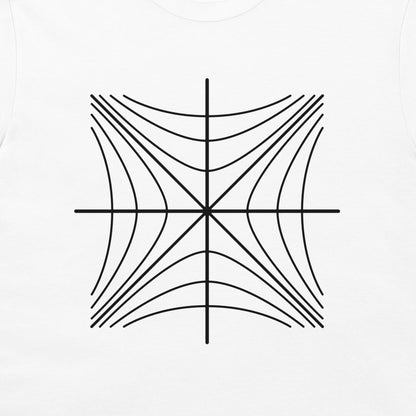 Close-up of a black Minkowski diagram with hyperbolic curves on a white T-shirt