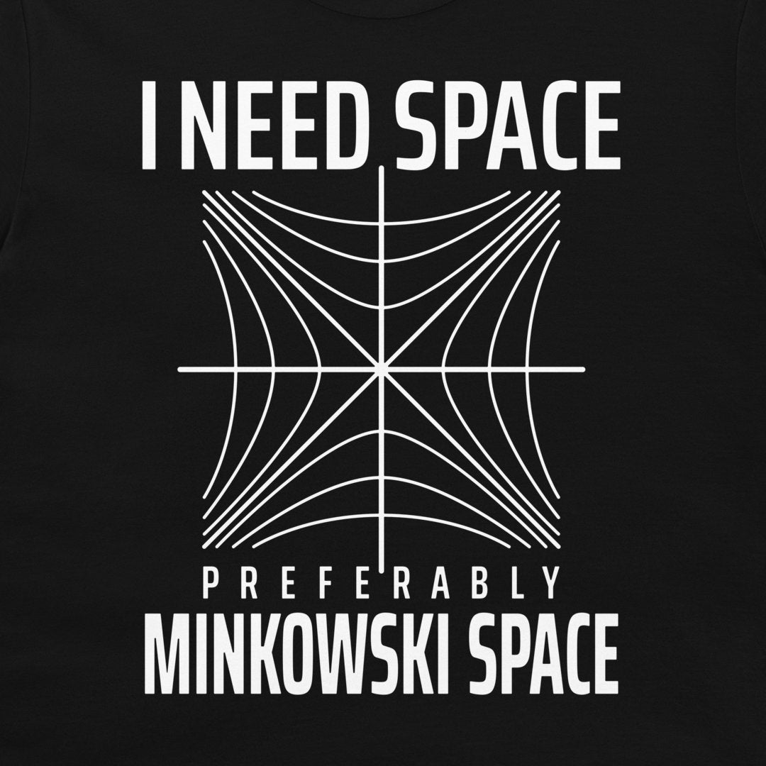 Close-up of the Minkowski space and light-cone design on a black T-shirt
