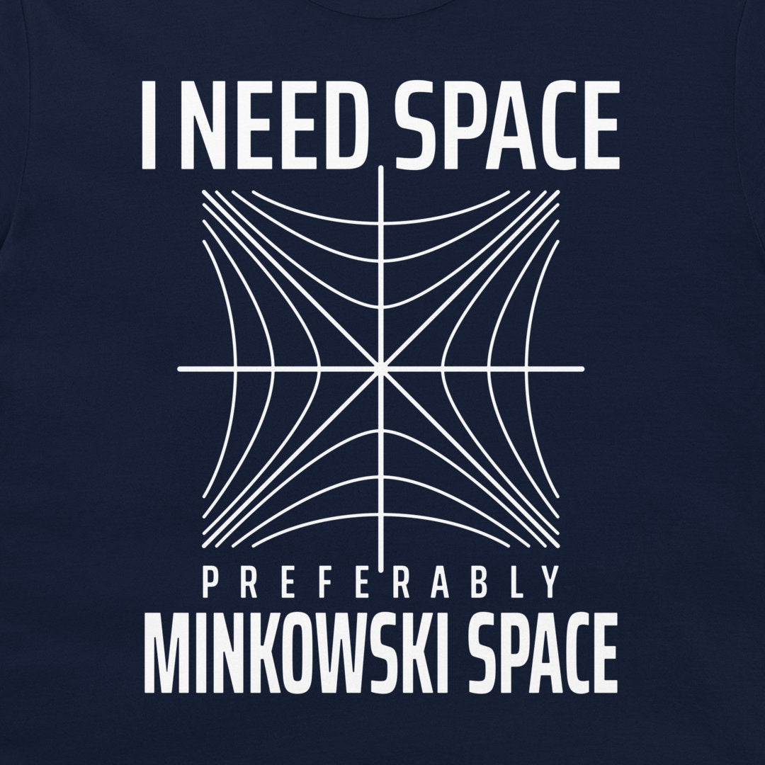 Close-up of the Minkowski space physics design printed on a navy T-shirt