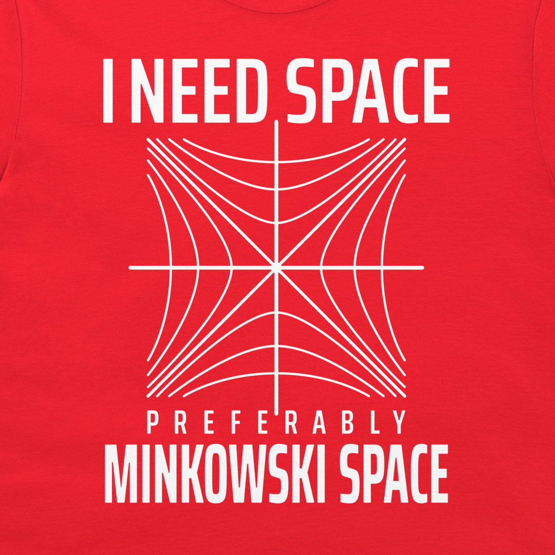 Close-up of the Minkowski space physics design printed on a red T-shirt