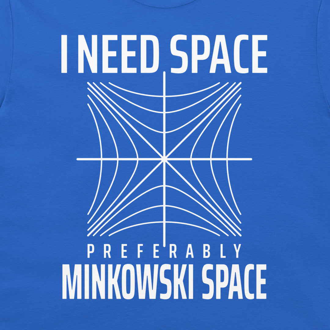 Close-up of the Minkowski space and light-cone design on a royal blue T-shirt