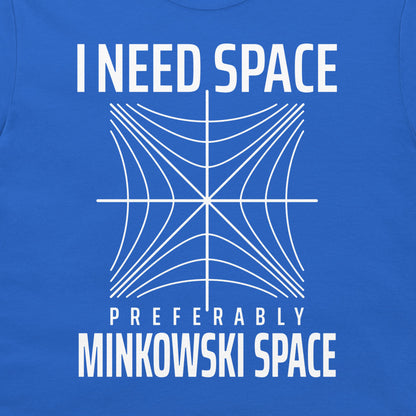 Close-up of the Minkowski space and light-cone design on a royal blue T-shirt