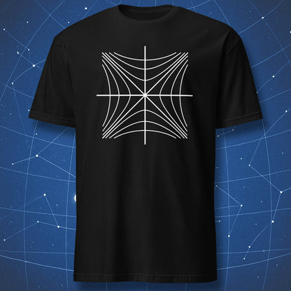 Black T-shirt with a white minimalist Minkowski spacetime and light-cone diagram