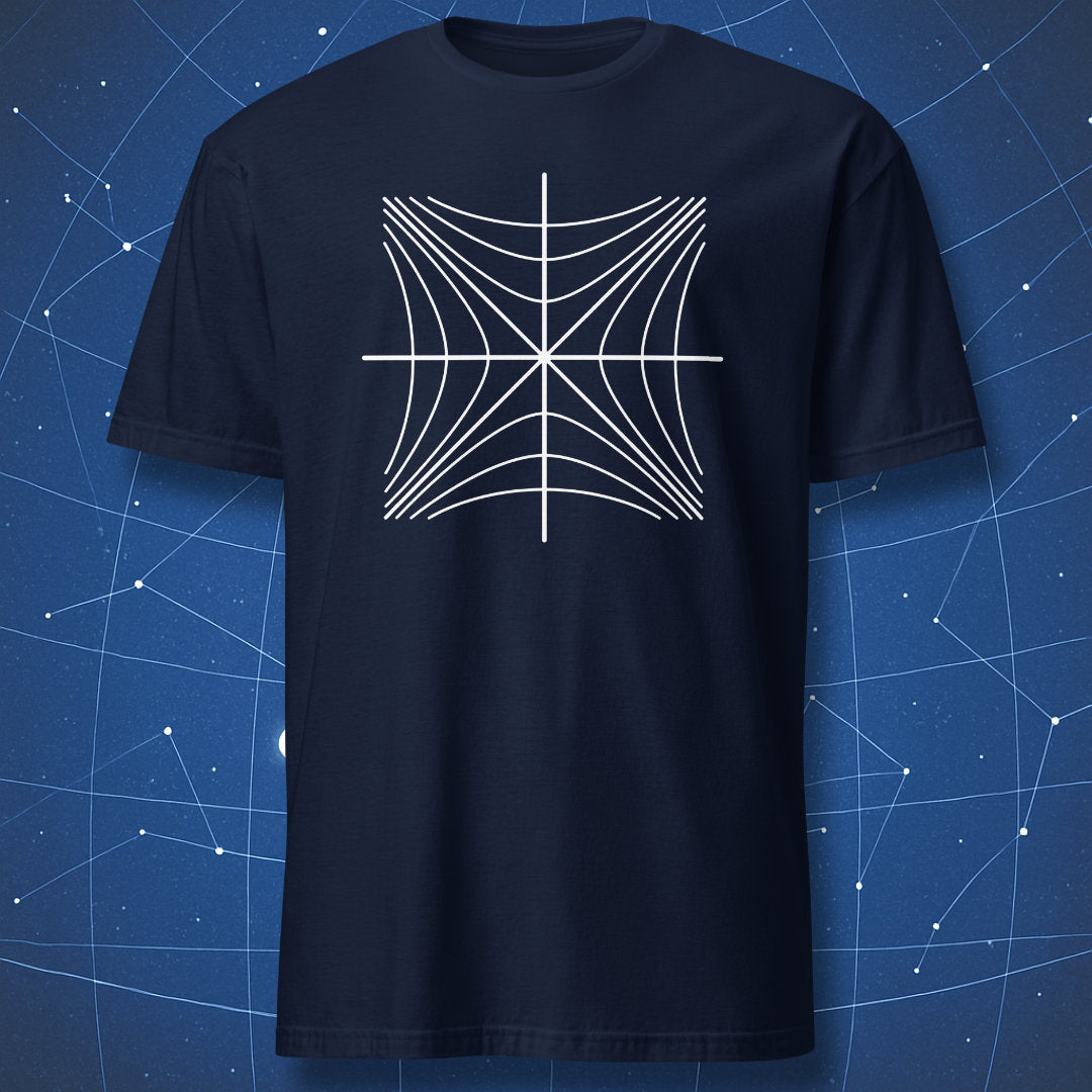 Navy T-shirt with a white minimalist Minkowski spacetime diagram