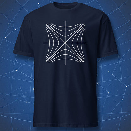 Navy T-shirt with a white minimalist Minkowski spacetime diagram
