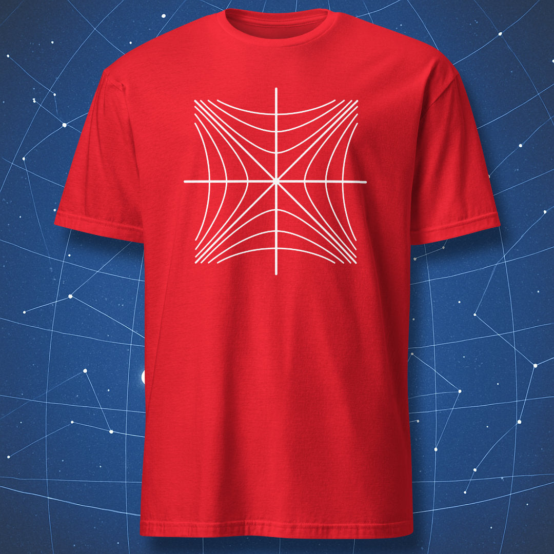 Red T-shirt with a white minimalist Minkowski spacetime diagram