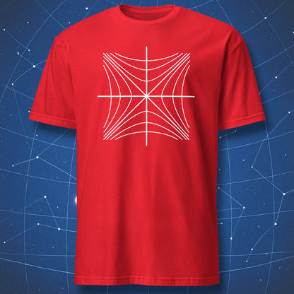 Red T-shirt with a white minimalist Minkowski spacetime diagram