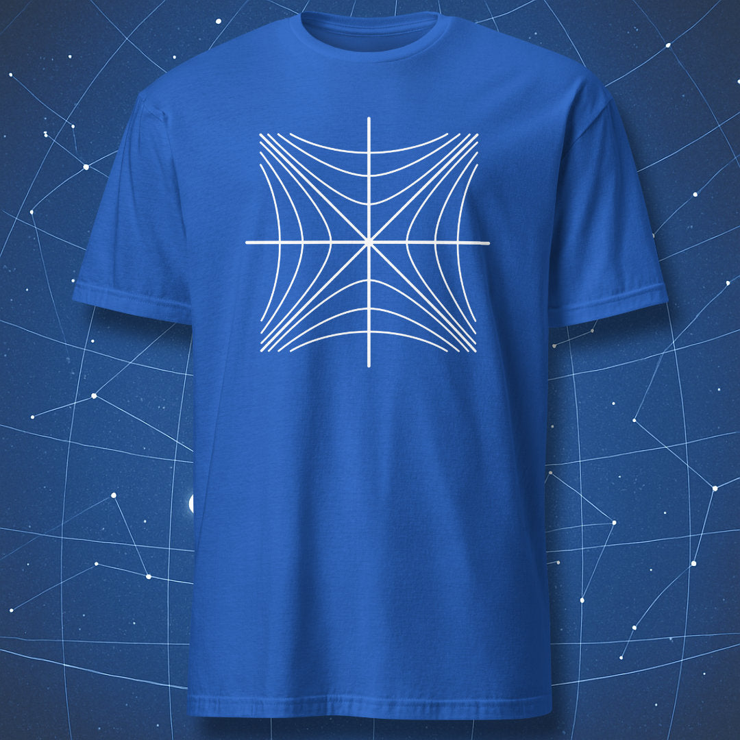 Royal blue T-shirt with a white Minkowski spacetime and light-cone diagram