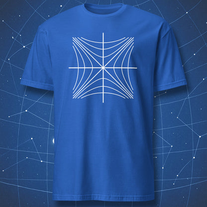 Royal blue T-shirt with a white Minkowski spacetime and light-cone diagram