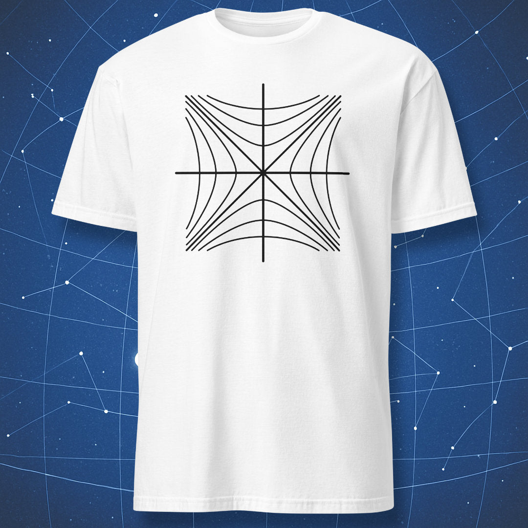 White T-shirt with a black minimalist Minkowski spacetime diagram