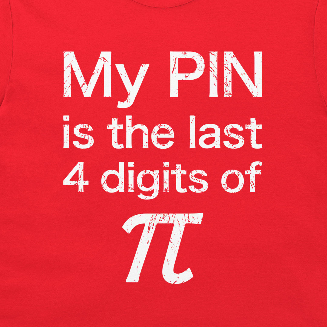 Close-up of the last 4 digits of pi math joke printed on a red T-shirt