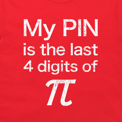 Close-up of the last 4 digits of pi math joke printed on a red T-shirt