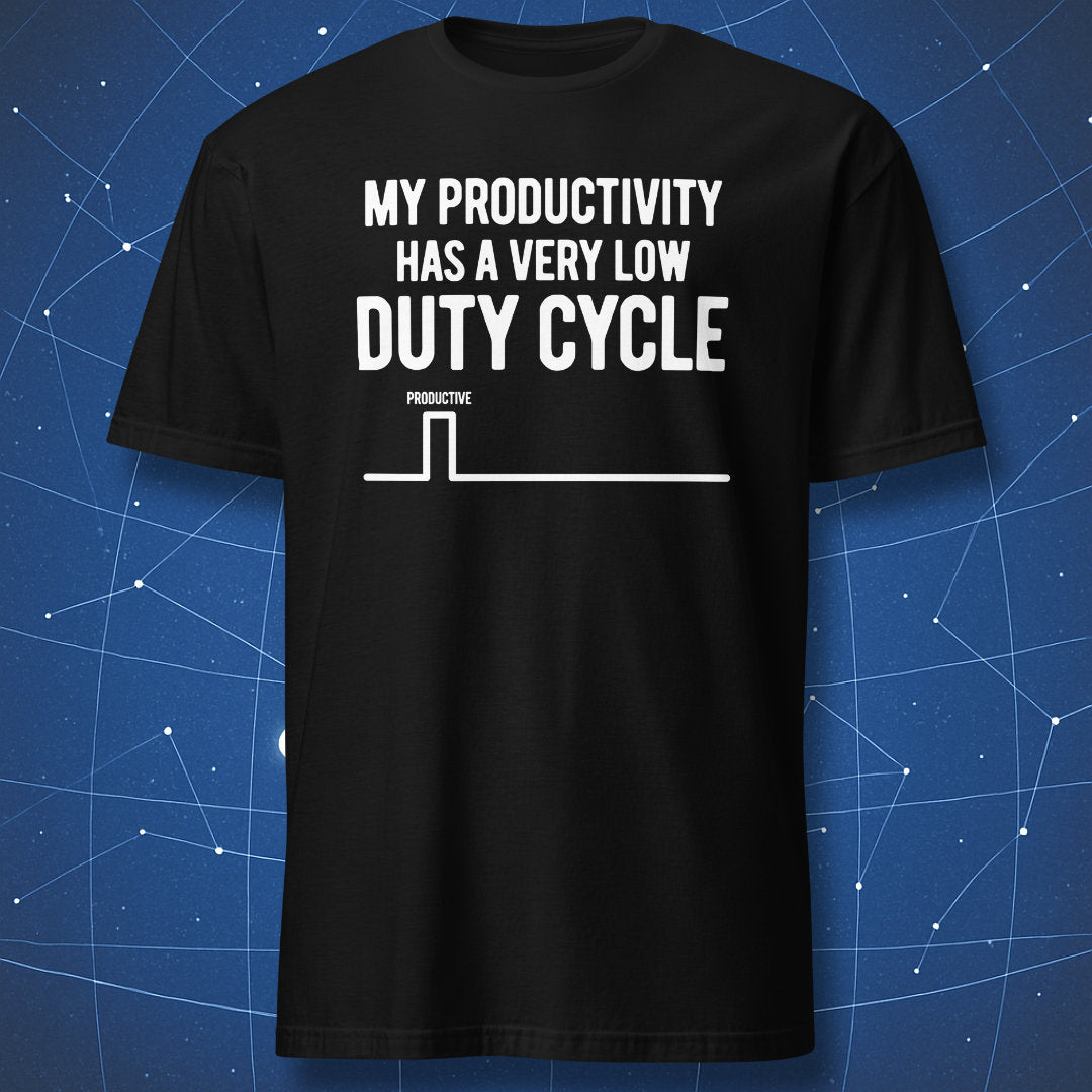 Black low duty cycle productivity T-shirt with a white square-wave diagram