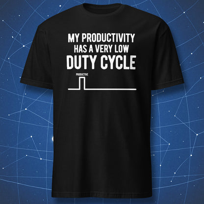 Black low duty cycle productivity T-shirt with a white square-wave diagram
