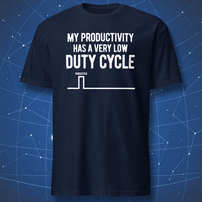 Navy low duty cycle productivity T-shirt with a white square-wave graphic