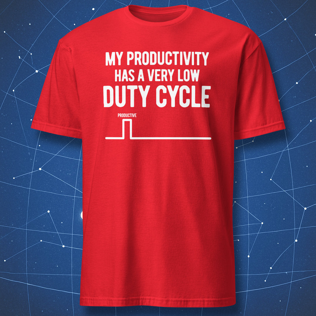 Red low duty cycle productivity T-shirt with a white square-wave diagram
