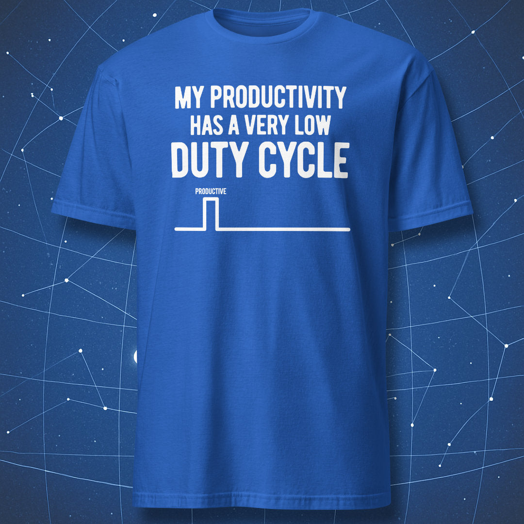 Royal blue low duty cycle productivity T-shirt with a white square-wave graphic