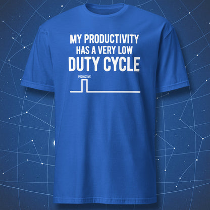 Royal blue low duty cycle productivity T-shirt with a white square-wave graphic