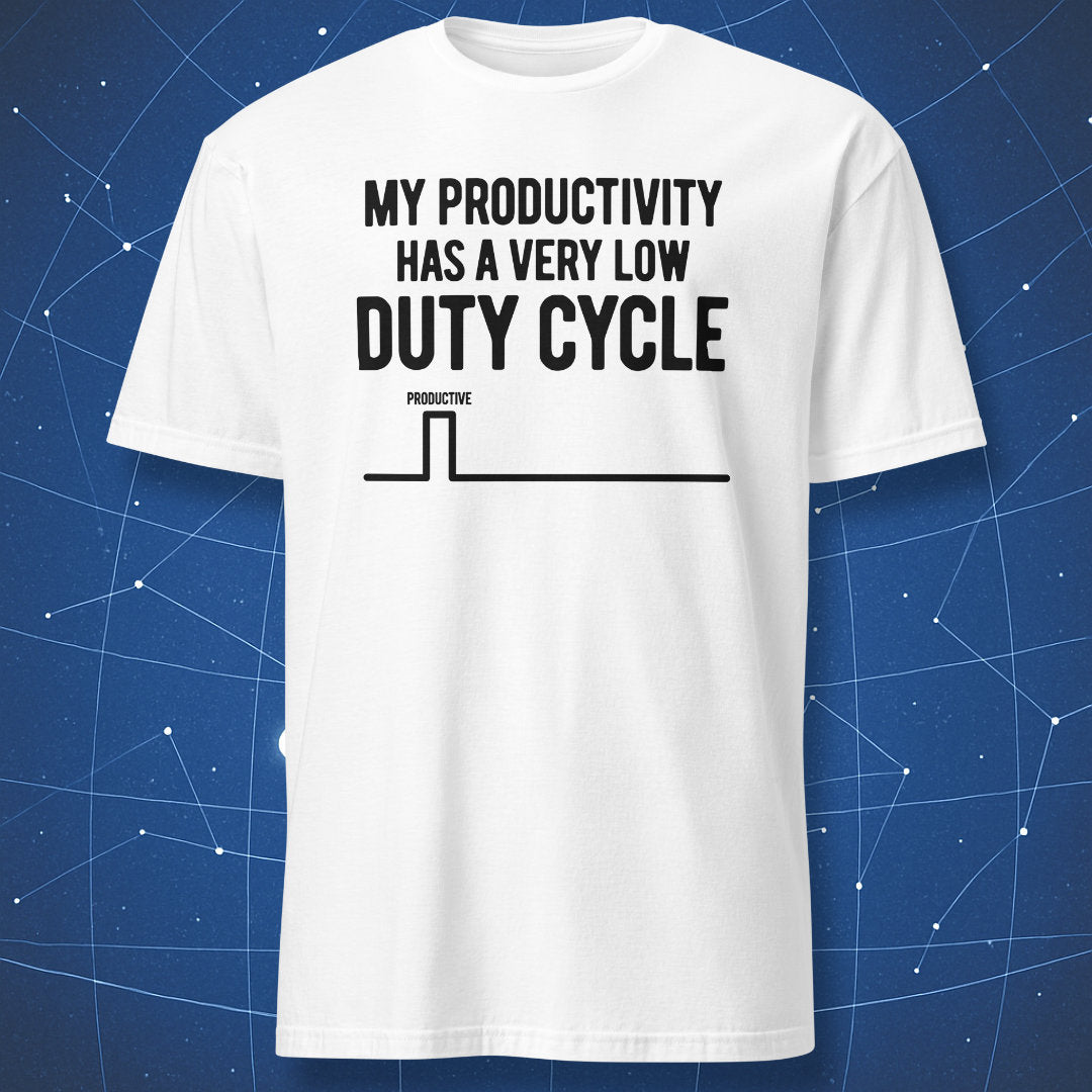 White low duty cycle productivity T-shirt with a black square-wave diagram