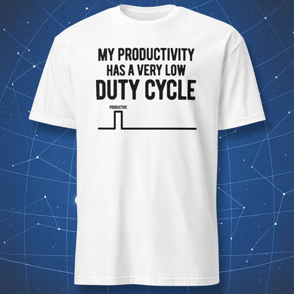 White low duty cycle productivity T-shirt with a black square-wave diagram
