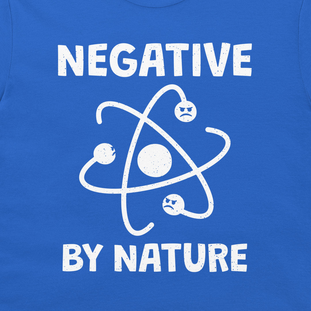 Close-up of the Negative by Nature science design on a royal blue T-shirt