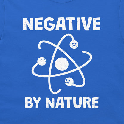 Close-up of the Negative by Nature science design on a royal blue T-shirt