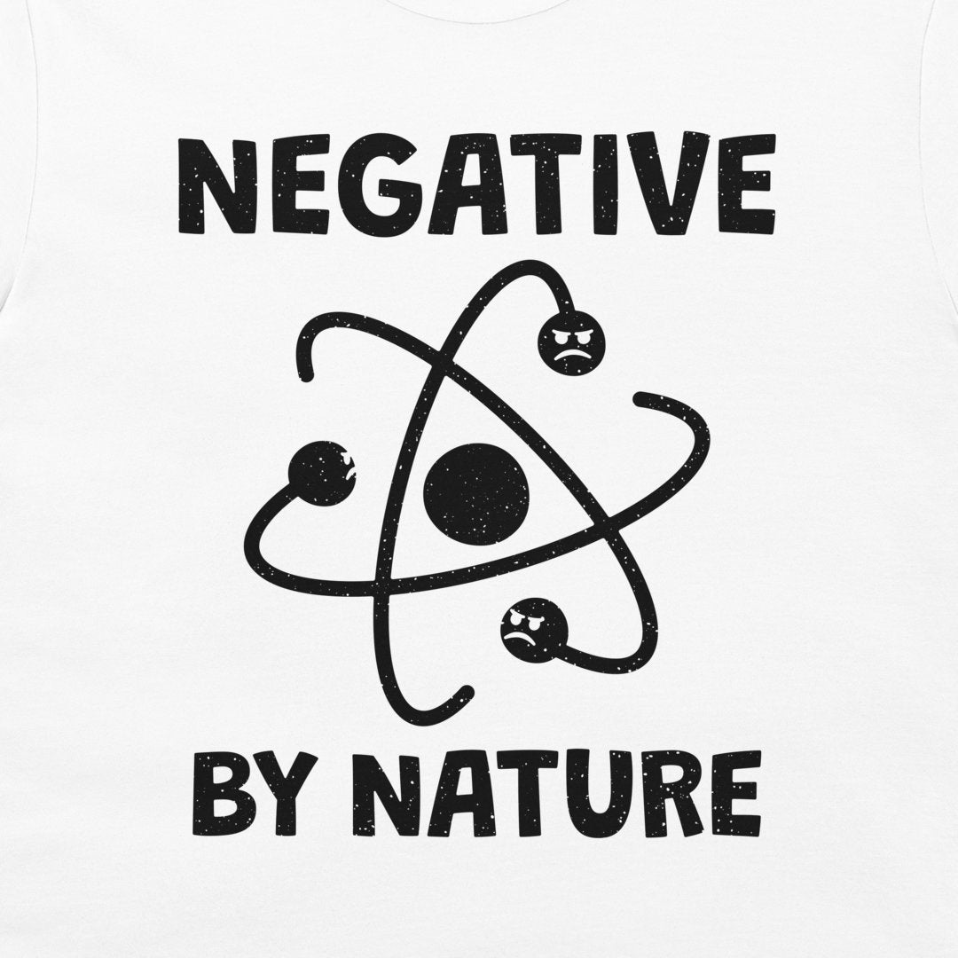 Close-up of the black Negative by Nature atom design on a white T-shirt