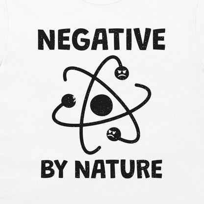 Close-up of the black Negative by Nature atom design on a white T-shirt